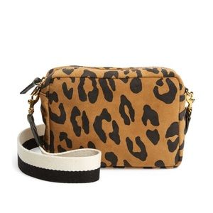 Clare V Leopard-Print Crossbody in Tan and Black with Striped Strap